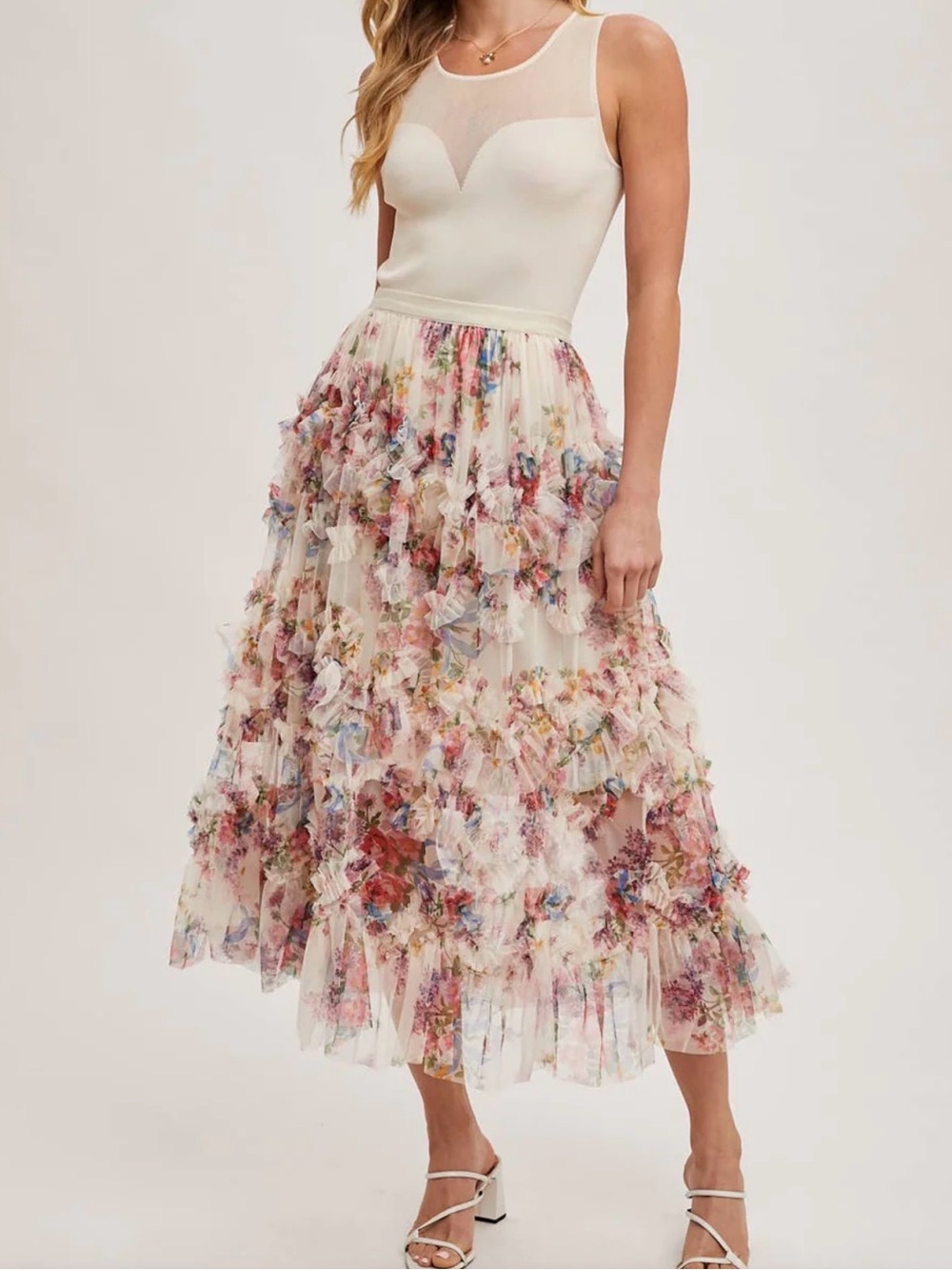 BLUIVY Floral Ruffled Mesh Midi Skirt Tiered Charming Feminine Sz Medium